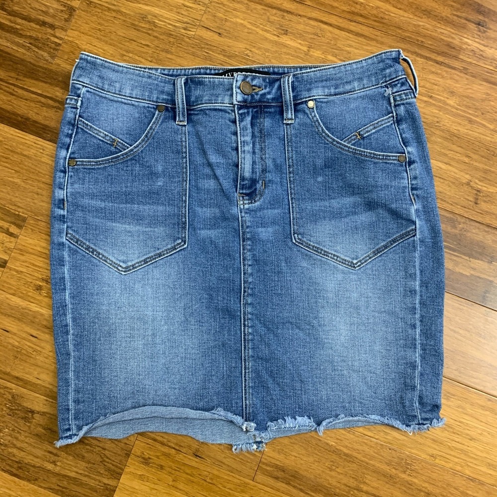 Liverpool Denim Skirt Womens Size 8 Front Pockets Frayed Hem Stretch‎ Blue Jean